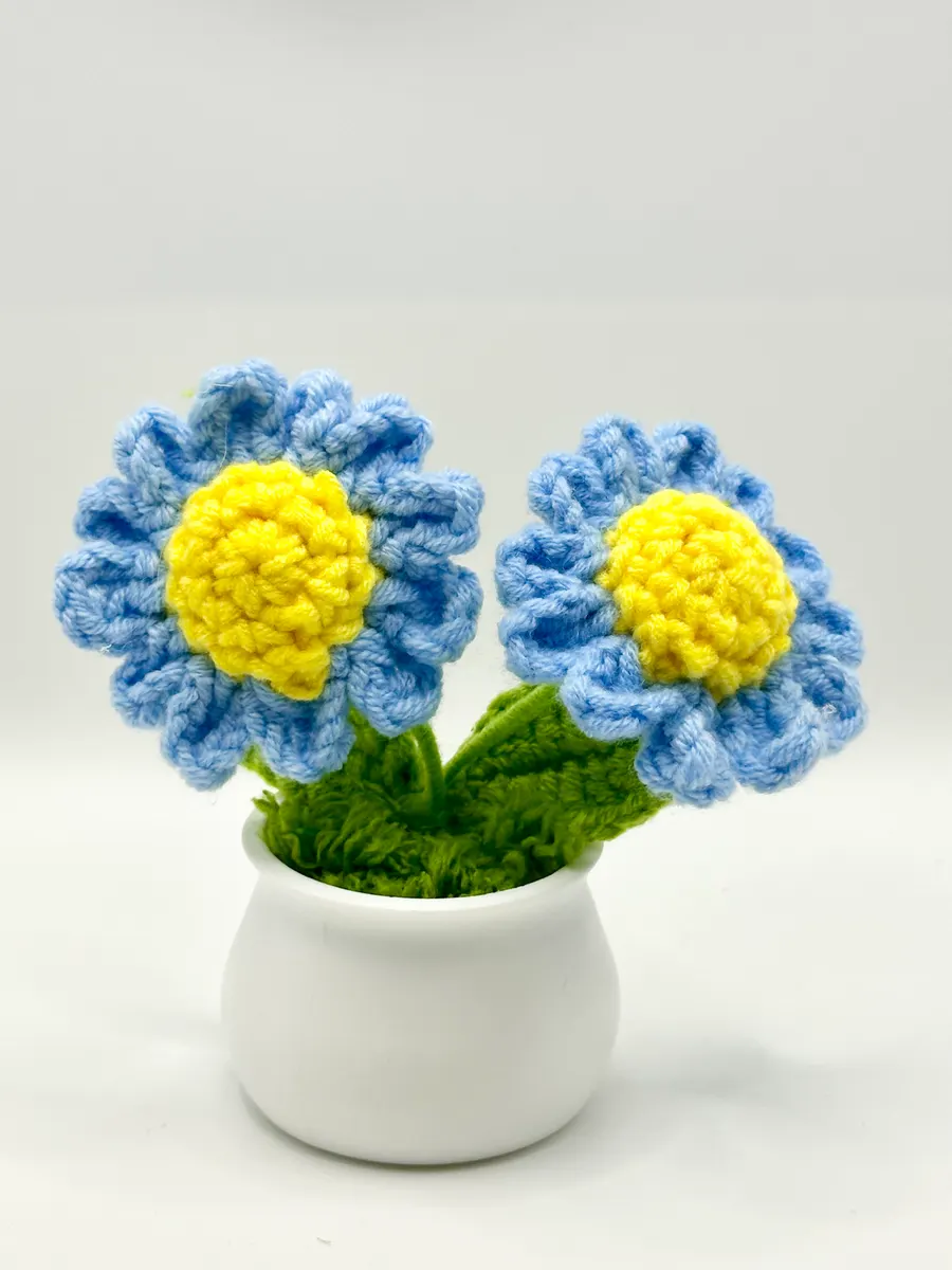Two sky blue crochet daisies with yellow centers in a small white pot